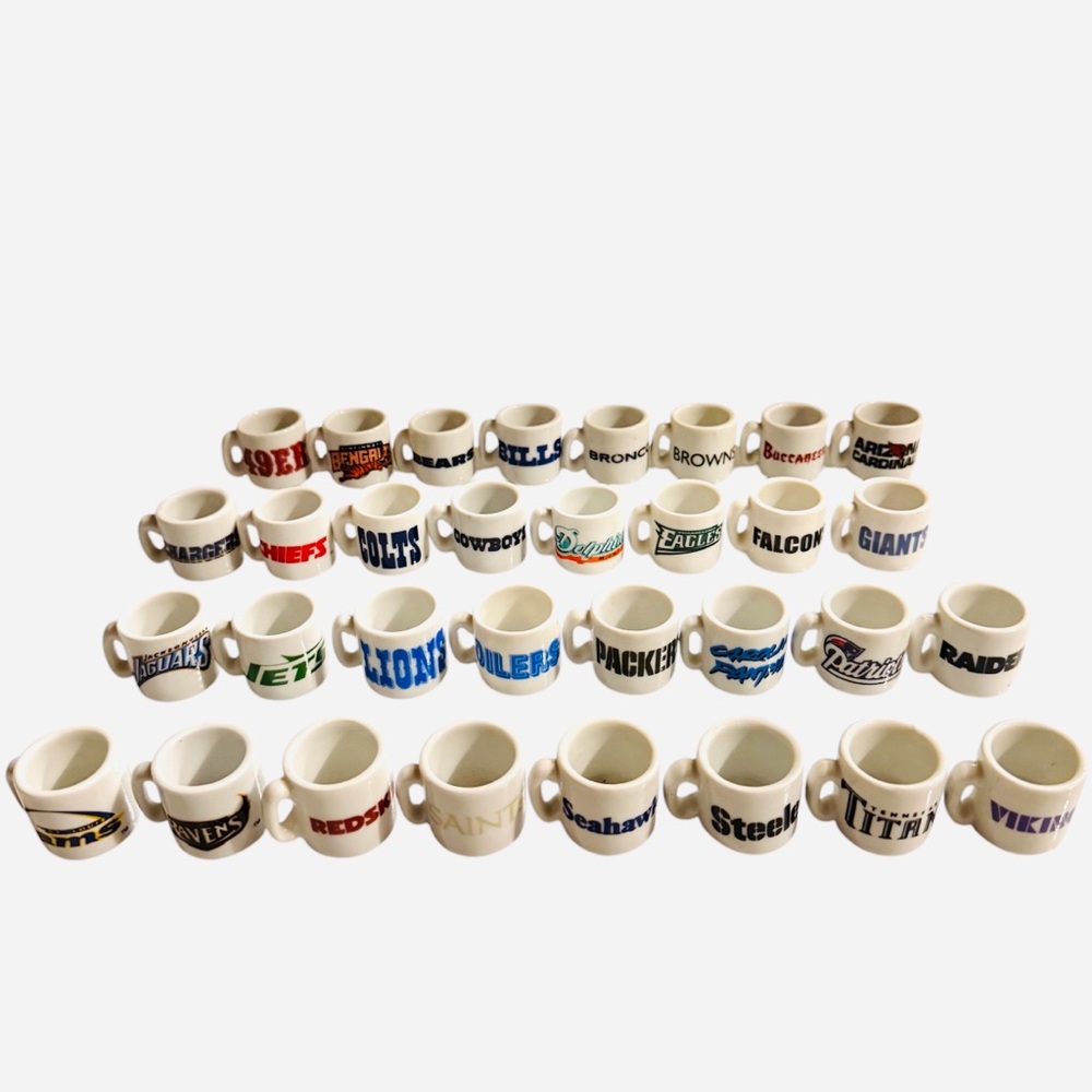 Vintage NFL Football Mini Ceramic Coffee Mugs Huge Lot Of 32 Gumball Prizes